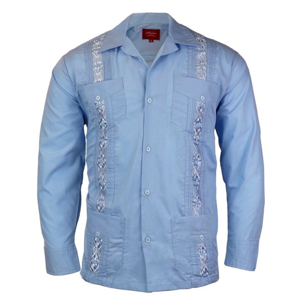 Men's Long Sleeve Guayabera Cuban Beach Wedding Button-Up Dress Shirt Light Blue